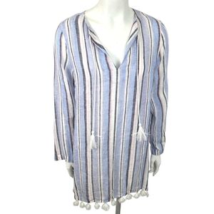 C&C California 100% Linen Beach Cover-up NEW Long Sleeve Coastal Blue Stripe